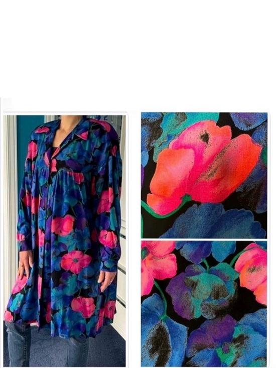 Suttles & Seawinds (Canada) Jackets & Blazers - 🇨🇦 Bold flowers (shades of pink, blue, purple) print-midi light overcoat vintage